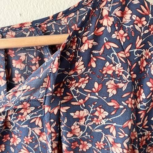 JACK  S Womens Blue Pink Floral Print Flowy Blouse Top V Neck Tie Boho Boutique