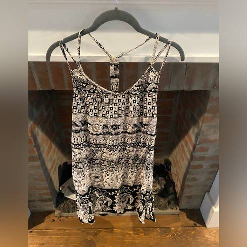 Angie  Black White Mini Dress Strappy 100% Rayon Aztec Design Summer Lightweight