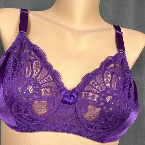 Second Skin Vintage Lilyette Bra 34C  Satin Sheer Lace Purple Unlined 878 USA