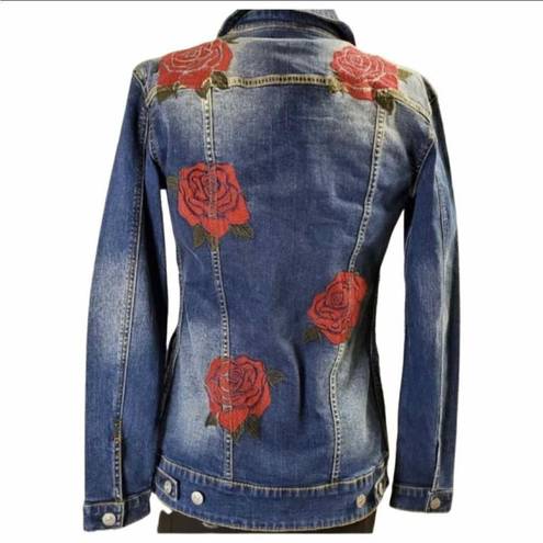 LuLaRoe Womens  Jaxon Red Rose Embroidered Rodeo Denim Jean Jacket - Sz XXS