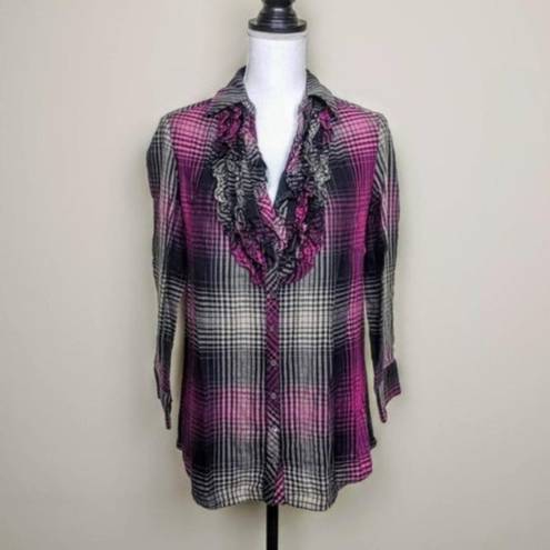 Joie  Fara B Plaid Ruffle Button Up Shirt Plaid Medium