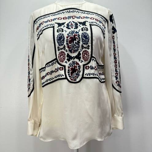 Veronica Beard  Pipes & Shaw LLC 100% Silk Embroidered Long Sleeve Blouse Size 6