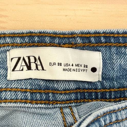 ZARA  High Waist Marine Straight Wide Leg Jeans Raw Hem Light Blue Wash, Size 4