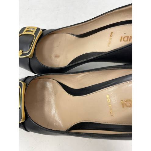 Fendi  Womens Size 36.5 FF Buckle Pumps Heel Black Gold Leather Round Toe Slip On