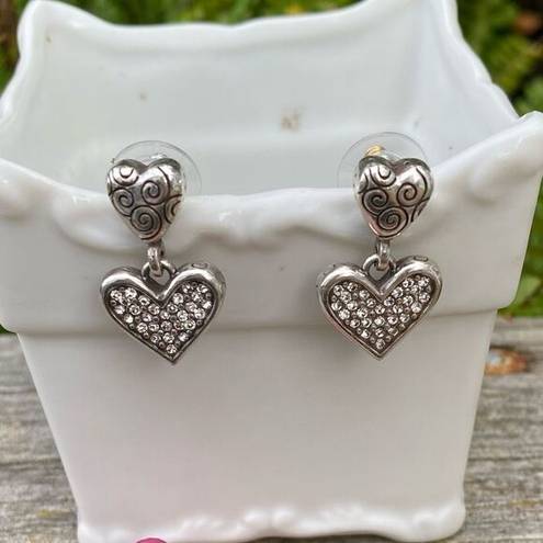 Brighton Authentic  Silver Heart Dangle Earrings with White Crystals. EUC!