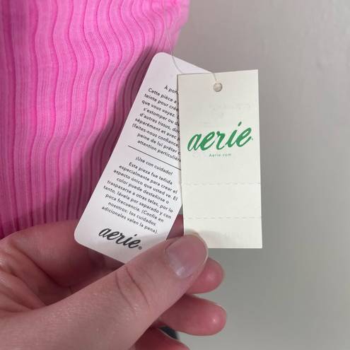 Aerie  Neon Pink One Shoulder Ribbed Rebel Tie Shoulder Cropped Tank