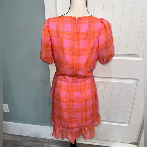 Likely  Havana Pink/Orange plaid faux wrap ruffle mini dress size 12