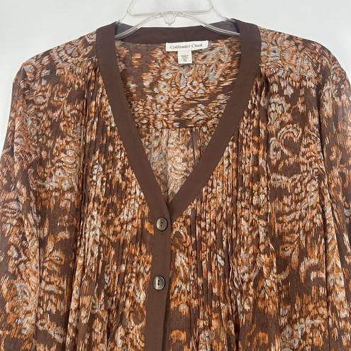 Coldwater Creek  Boho Button Up Tunic Top Cover Up Brown Sheer Pleated Size XL