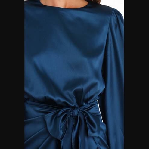 Petal and Pup  Opal Navy Blue Satin Long Balloon Sleeve Wrap Mini Dress 6