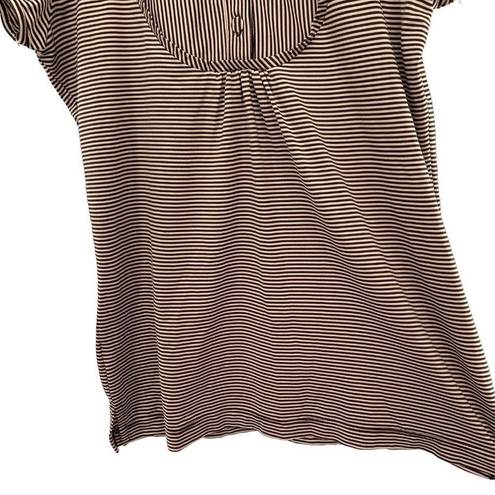 Mango  Womens Top Brown Striped Button Front Band Collar Puff Sleeve Shirt