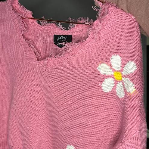 Daisy Just Polly Pink  Flower Cropped Raw Hem Distressed Sweater Size Medium