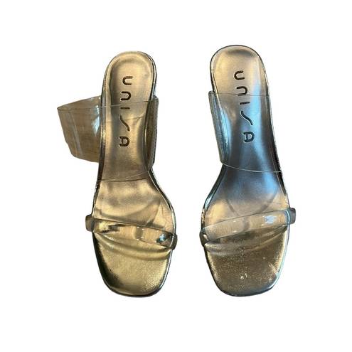 Unisa  Nietra Clear Lucite & Silver Wedge Slide Sandal, Sz 6