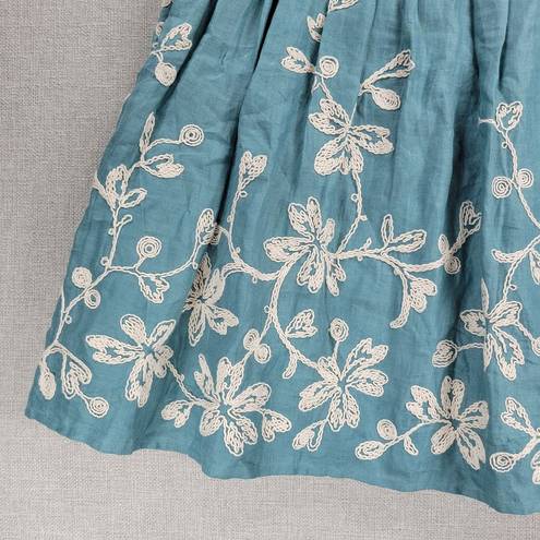 Talbots  Skirt Size 4 Blue Linen Floral Embroidered A-Line Pleated Cottagecore