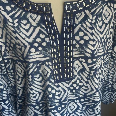Cathy Daniels  v-neck tunic blouse size large embellished blue/white bling boho