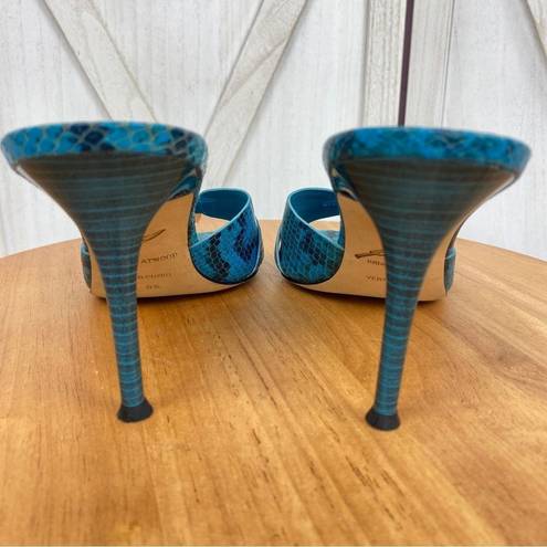 Brian Atwood  Maritima Snake Print Heeled Mule Sandals Turquoise 8.5