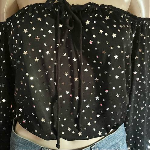 Honey Punch  metallic star print off shoulder crop top