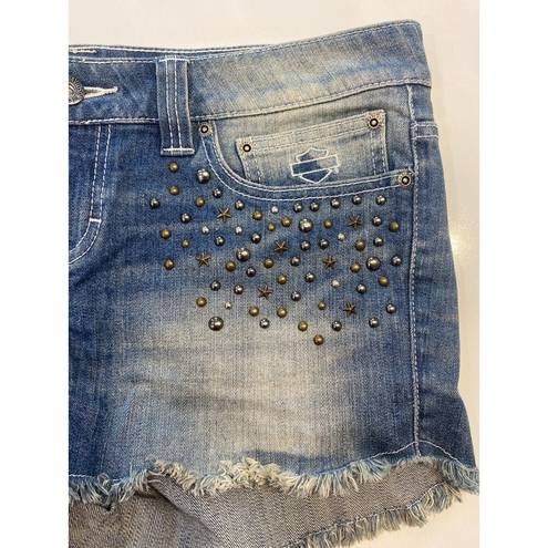 Harley Davidson  Women's Stud & Stars Denim Jean Shorts Raw Hem Size 12