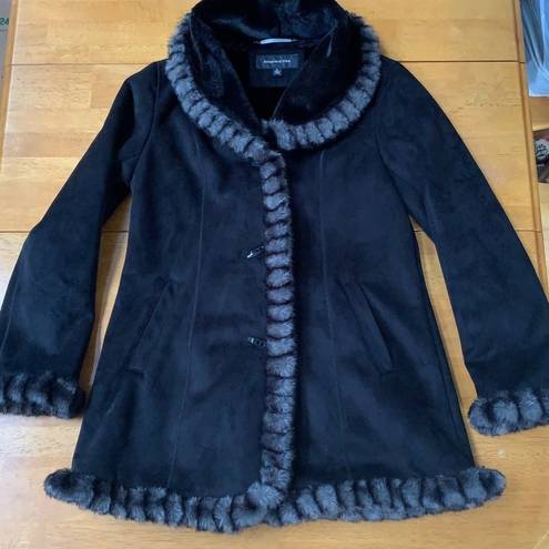 Jones New York  Black Faux Suede Coat Faux Fur Trim Lining, Size S