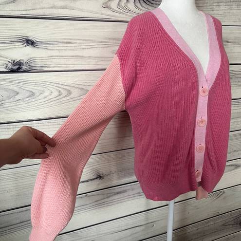 Talbots Pink Colorblock Shaker Stitch V Neck Button Down Cardigan Sweater