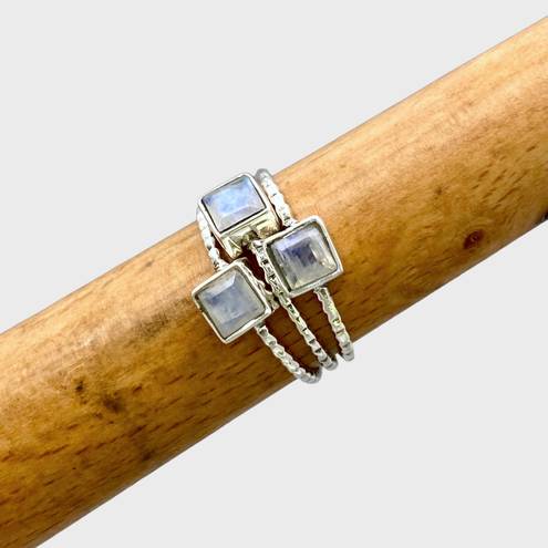 Sterling Silver Rainbow Moonstone Stacker Ring Trio - Sz 6