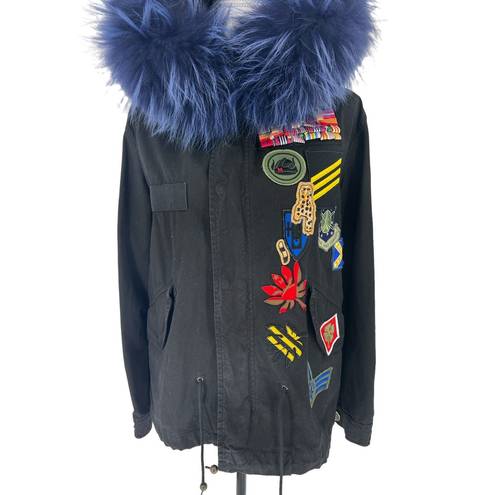 ma*rs Mr. & . Italy Patchwork Navy Raccoon Collar Parka