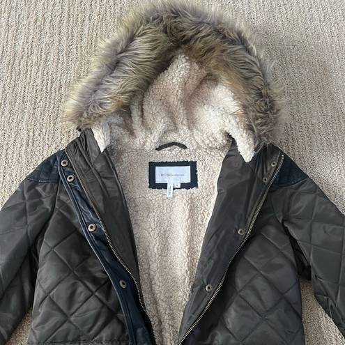 BCBGeneration  Dark Olive Quilted Winter Coat with Furry Hood