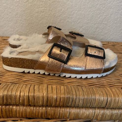 mix no. 6  Faux Fur Lined Rose Gold Birkenstock Sandal Slides Size 7.5