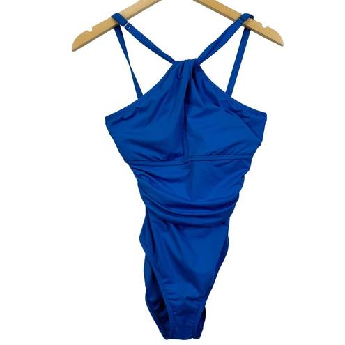 Bleu Rod Beattie Rod Beattie Goddess Keyhole High Neck One-Piece Swimsuit in Miramar Bleu 6 NWT