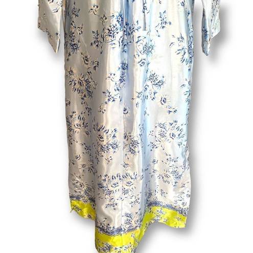 Oscar de la Renta  Pink Label Housedress Robe Reflective Blue Chartreuse Floral