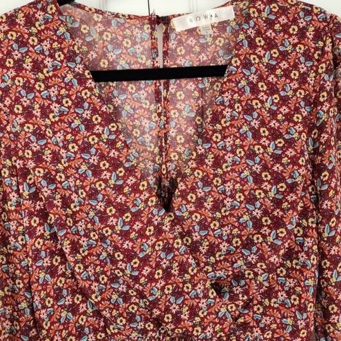 The Row  A Burgundy Floral Long Sleeve Ruffle Smoked Dress Long Sleeve Size L