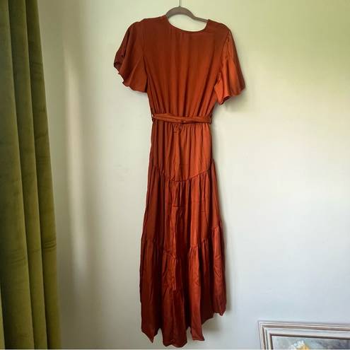 Petal and Pup  Barker Rust Orange Midi Tiered V Neck Flutter Sleeve Dress 6