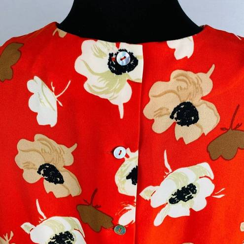 Carmen Marc Valvo  Orangey Red Happy Floral Print Bell Sleeve Women's 6 Top