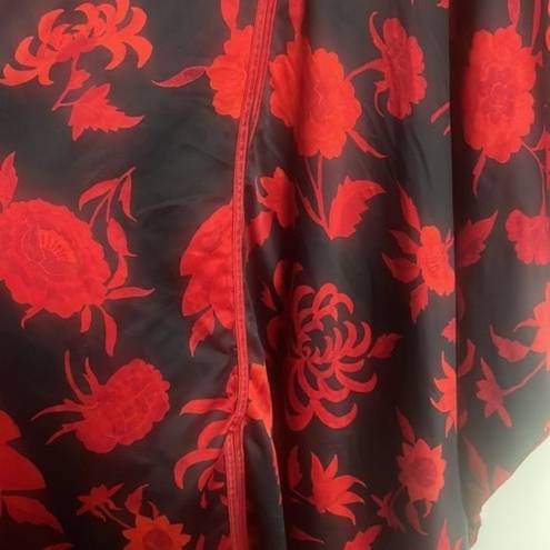 Natori red and black kimono V-neck floral caftan dress lagan look casual