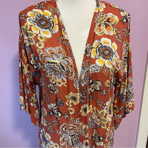 H.I.P. Retro Orange Floral Duster Kimono Short Bell Sleeves Open Front Rayon M/L