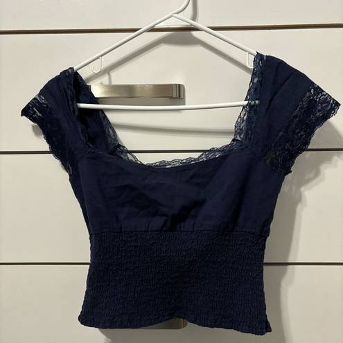 fab'rik  Navy Blue Lace Button Front Blouse