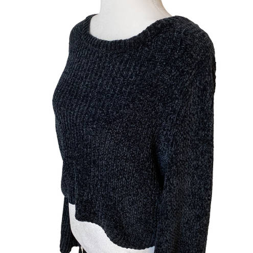 Lovers + Friends  Sweater Cropped Chenille Tie Bell Sleeve Scoop Neck Black Small