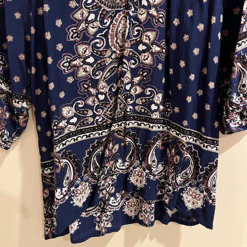 Angie  Size Large Navy Blue 3/4 sleeve Paisley 100% Rayon Blouse