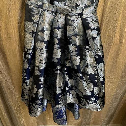 Oleg Cassini  Navy Blue Silver Floral Brocade High Low A-Line Dress 12