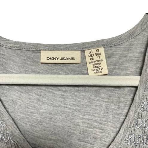 DKNY  Jeans Womens Sz XS Gray Shirt Short Sleeve Top Baby Doll V-neck Smocked NWT