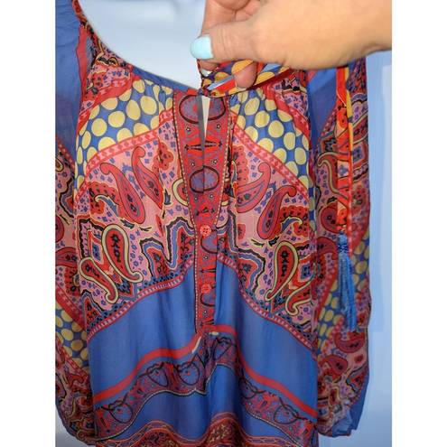 Hale Bob  100% Silk Sheer Tunic Top Colorful Tassels V Neck Buttons Tab Sleeves S