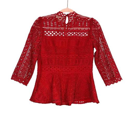 Moulinette Soeurs Anthropologie  Tamera Red Lace 3/4 Sleeve Peplum Top US 2