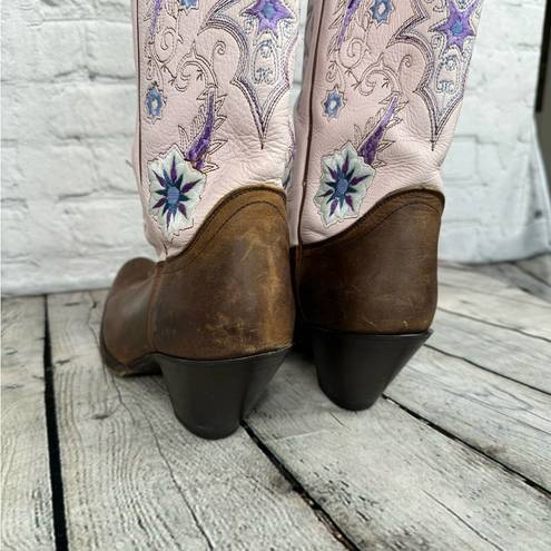 Double H Sonora Wedding Heeled Cowboy Boots Size 7.5 Embroidered Pink Brown