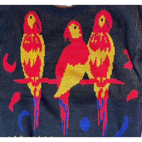 Chateau NEW Vtg  Womens Sweater 80s Black Red Yellow Parrot Bird 3/4 Sleeves Sz M