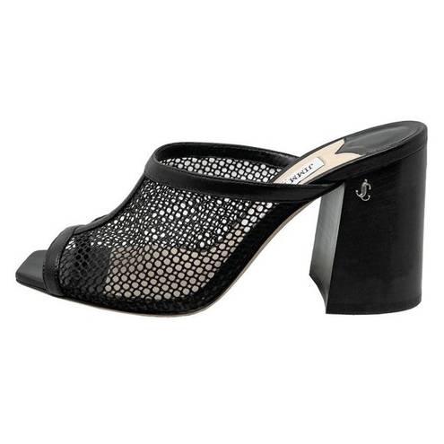 Jimmy Choo  Mules Joud 85 Black Leather Trimmed Honeycomb Mesh Block Heel Sandals