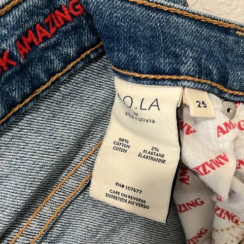 Alice + Olivia  AO LA High Rise Girlfriend Embroidered Mountain Jeans, Size 25