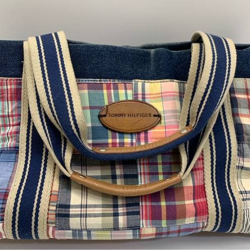 Tommy Hilfiger  Vintage Blue Canvas Denim Plaid Tote Bag