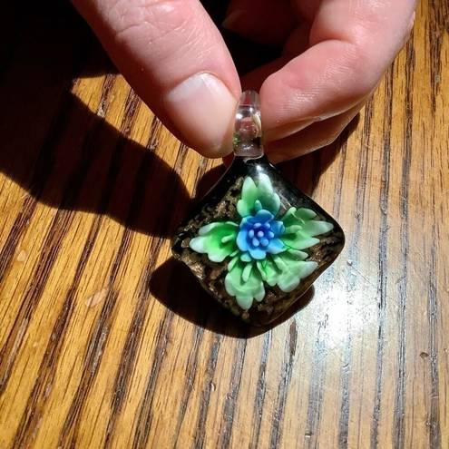 None Hand Blown Diamond Shaped Green Blue Flowering Plant Glass Floral Pendant