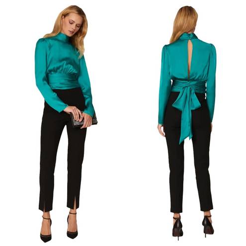 Slate + Willow  Green Satin Crop Top Long Sleeve Open Back Big Bow