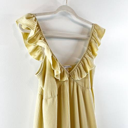 Caution to the Wind  Plunge V Neck Ruffle Strap Ribbed Midi Dress Butter Yellow S