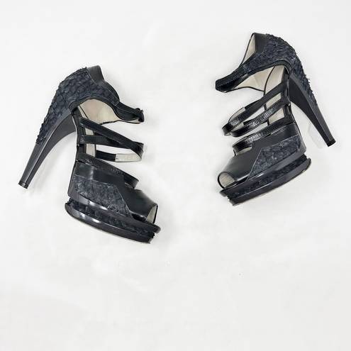 Jason Wu [] Black Textured Embossed Leather Strappy Sandals Platform Heels Sz 39